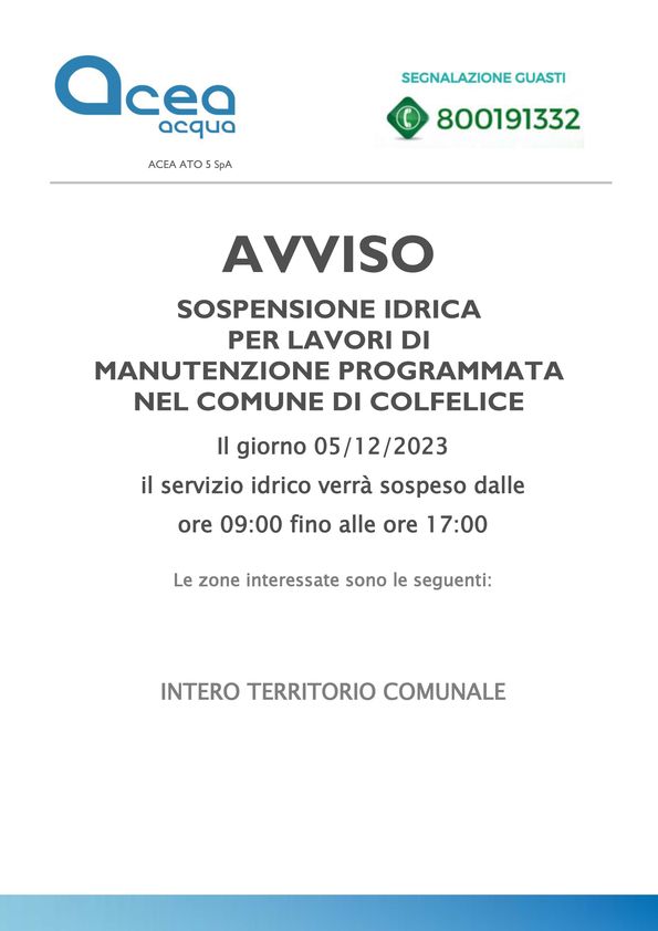 Sospensione idrica programmata in data 5 dicembre 2023