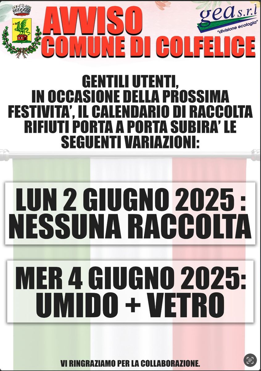 Variazione calendario raccolta rifiuti