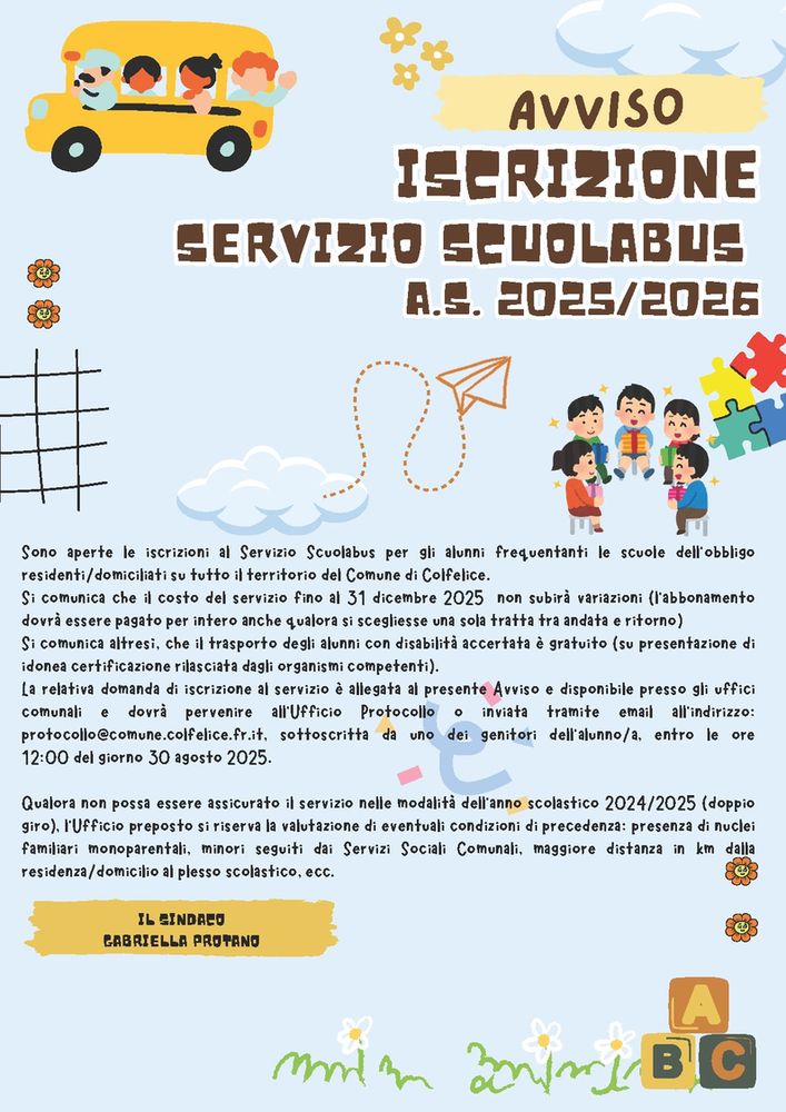 Avviso. Iscrizione servizio scuolabus a.s. 2025-2026